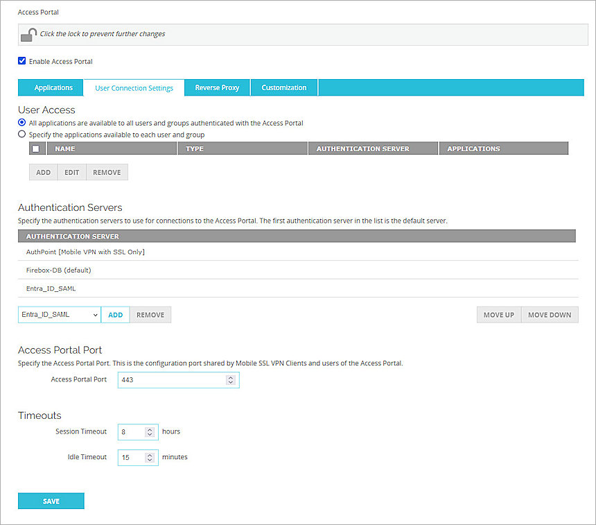 Screenshot of Firebox, Firebox Access Portal config 2